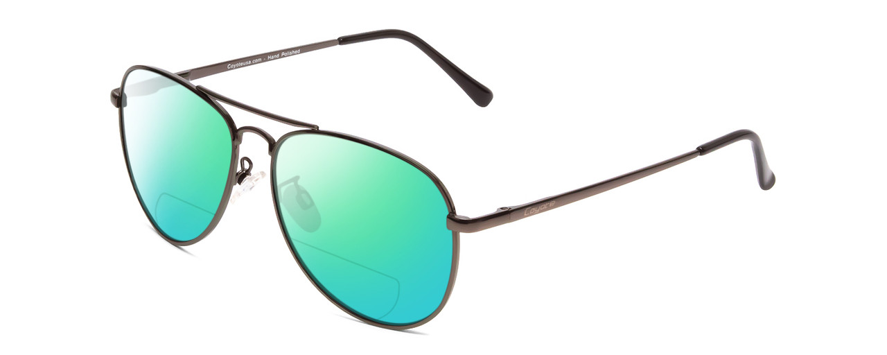 Profile View of Coyote Classic II Designer Polarized Reading Sunglasses with Custom Cut Powered Green Mirror Lenses in Silver Unisex Pilot Full Rim Metal 55 mm