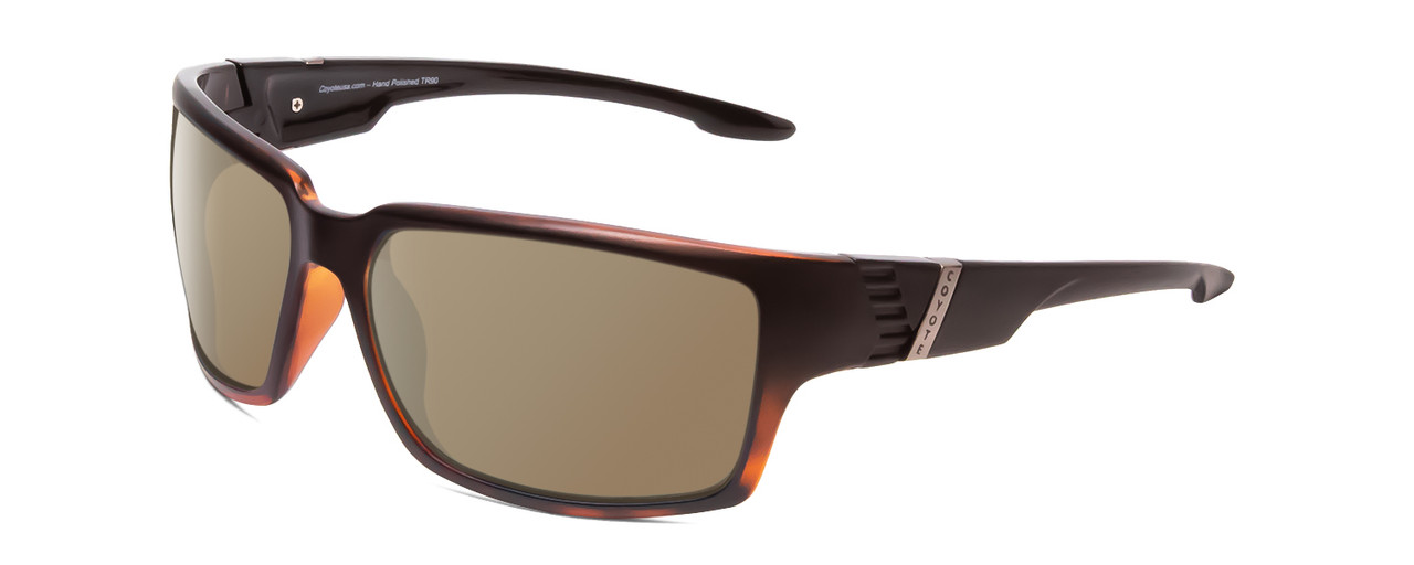Profile View of Coyote Cobia Designer Polarized Sunglasses with Custom Cut Amber Brown Lenses in Matte Black Tortoise Grey Mens Wrap Full Rim Acetate 62 mm