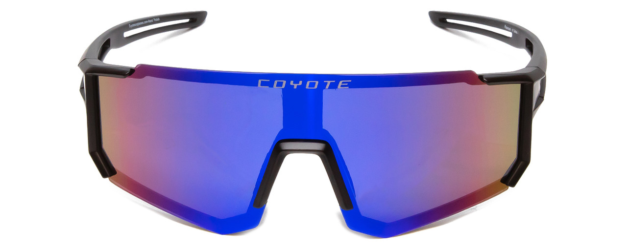Front view of Coyote Cobra Pit Viper Style Polarized Sunglasses Black Grey/Purple Mirror 132mm