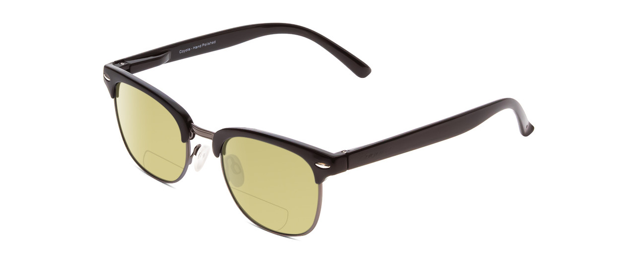 Profile View of Coyote Country Club Designer Polarized Reading Sunglasses with Custom Cut Powered Sun Flower Yellow Lenses in Gloss Black Unisex Cateye Full Rim Acetate 51 mm