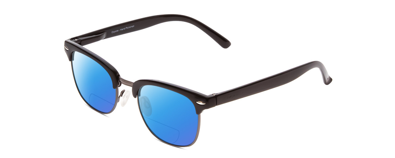 Profile View of Coyote Country Club Designer Polarized Reading Sunglasses with Custom Cut Powered Blue Mirror Lenses in Gloss Black Unisex Cateye Full Rim Acetate 51 mm