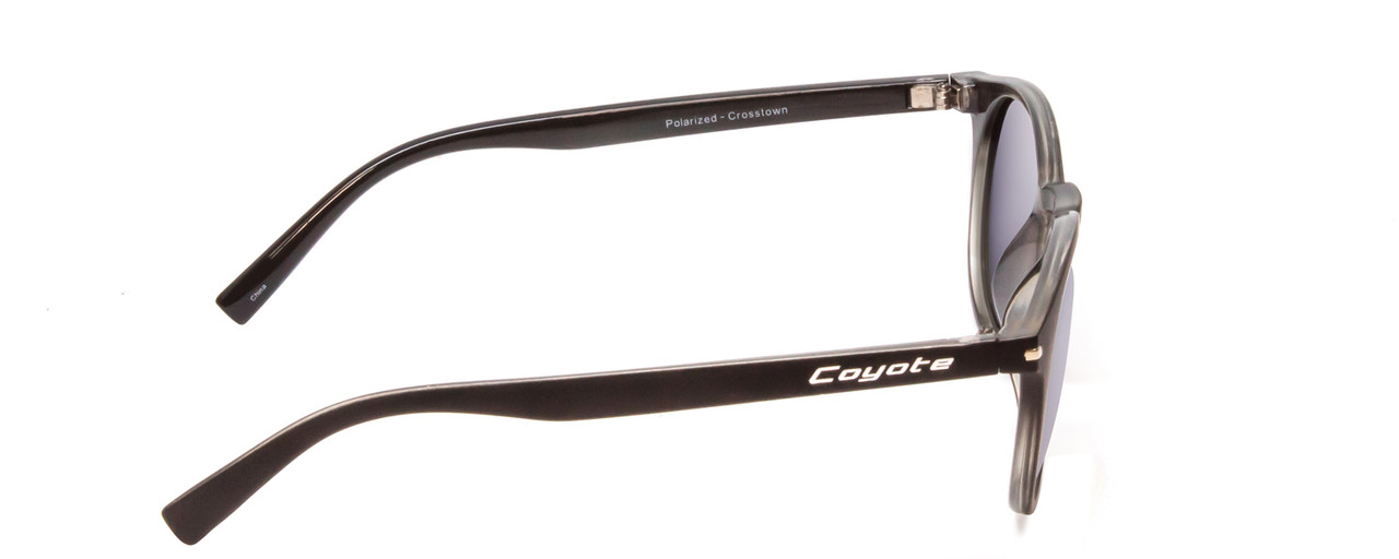 Side View of Coyote Crosstown Unisex Round Polarized Sunglasses in Black Grey/Red Mirror 47mm
