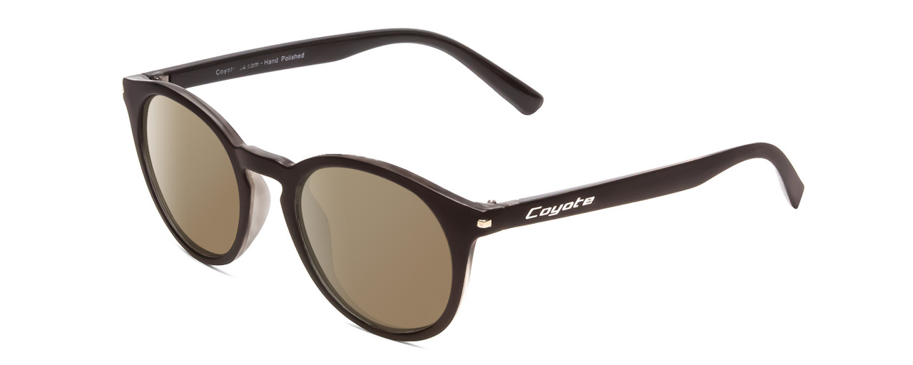 Profile View of Coyote Crosstown Designer Polarized Sunglasses with Custom Cut Amber Brown Lenses in Matte Black Grey Unisex Round Full Rim Acetate 47 mm