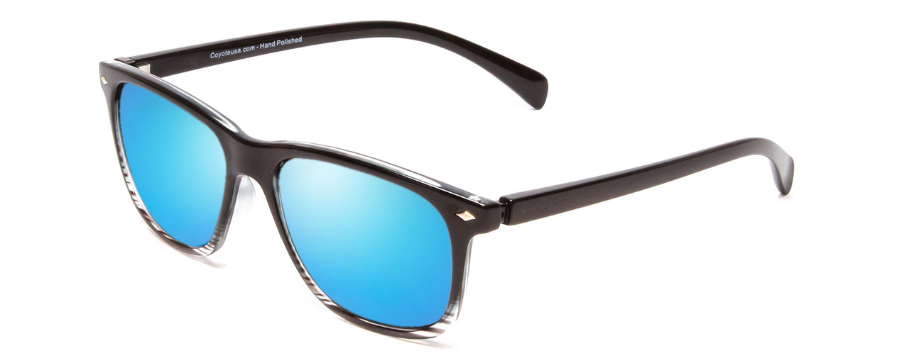 Profile View of Coyote Dakota Designer Polarized Sunglasses with Custom Cut Blue Mirror Lenses in Black Clear Fade Unisex Square Full Rim Acetate 51 mm