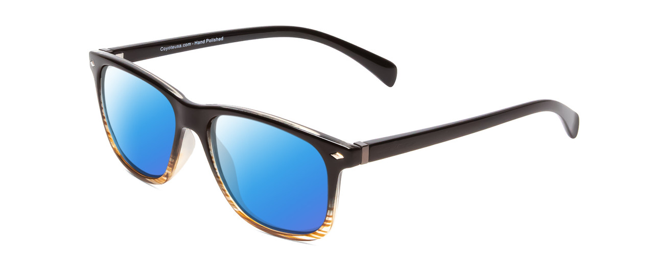 Profile View of Coyote Dakota Designer Polarized Sunglasses with Custom Cut Blue Mirror Lenses in Dark Brown Fade Unisex Square Full Rim Acetate 51 mm
