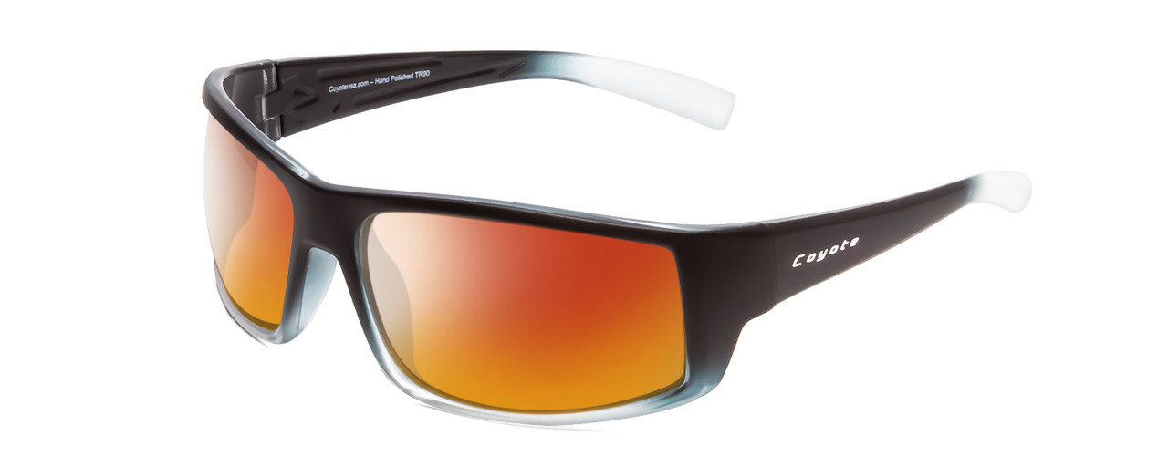 Profile View of Coyote Dorado Designer Polarized Sunglasses with Custom Cut Red Mirror Lenses in Matte Black Clear Grey Unisex Wrap Full Rim Acetate 63 mm