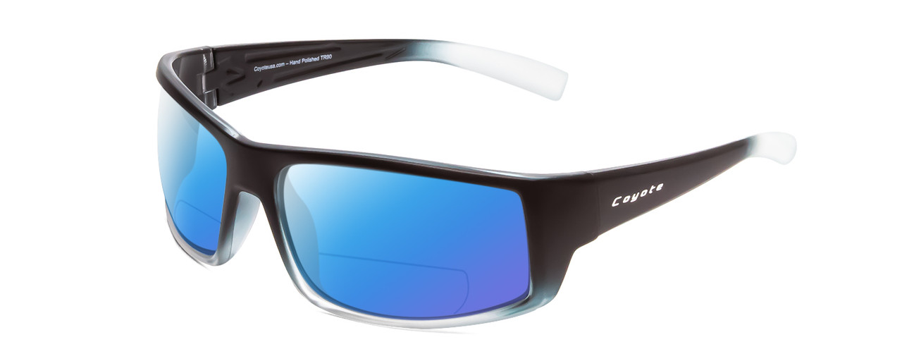Profile View of Coyote Dorado Designer Polarized Reading Sunglasses with Custom Cut Powered Blue Mirror Lenses in Matte Black Clear Grey Unisex Wrap Full Rim Acetate 63 mm