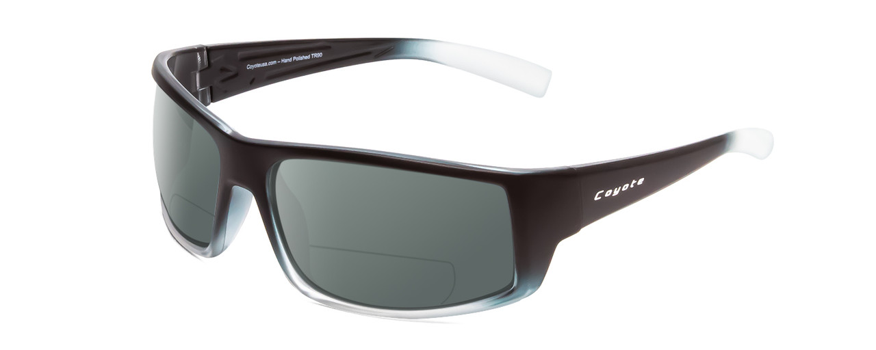 Profile View of Coyote Dorado Designer Polarized Reading Sunglasses with Custom Cut Powered Smoke Grey Lenses in Matte Black Clear Grey Unisex Wrap Full Rim Acetate 63 mm