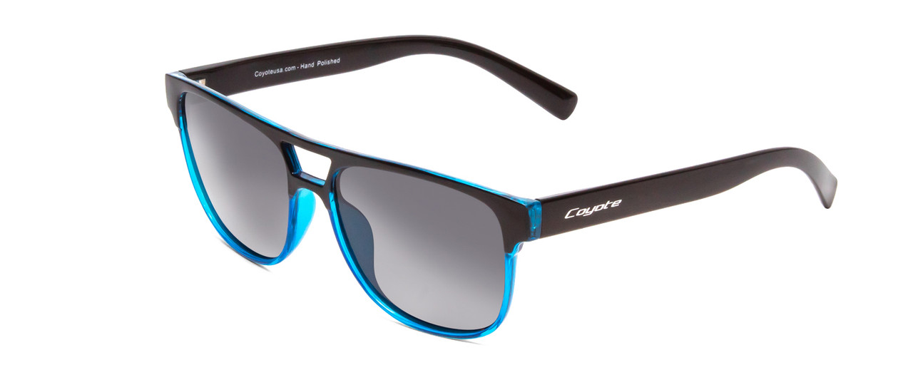 Profile View of Coyote Elixir Mens Square Designer Polarized Sunglasses in Black Blue/Grey 52 mm