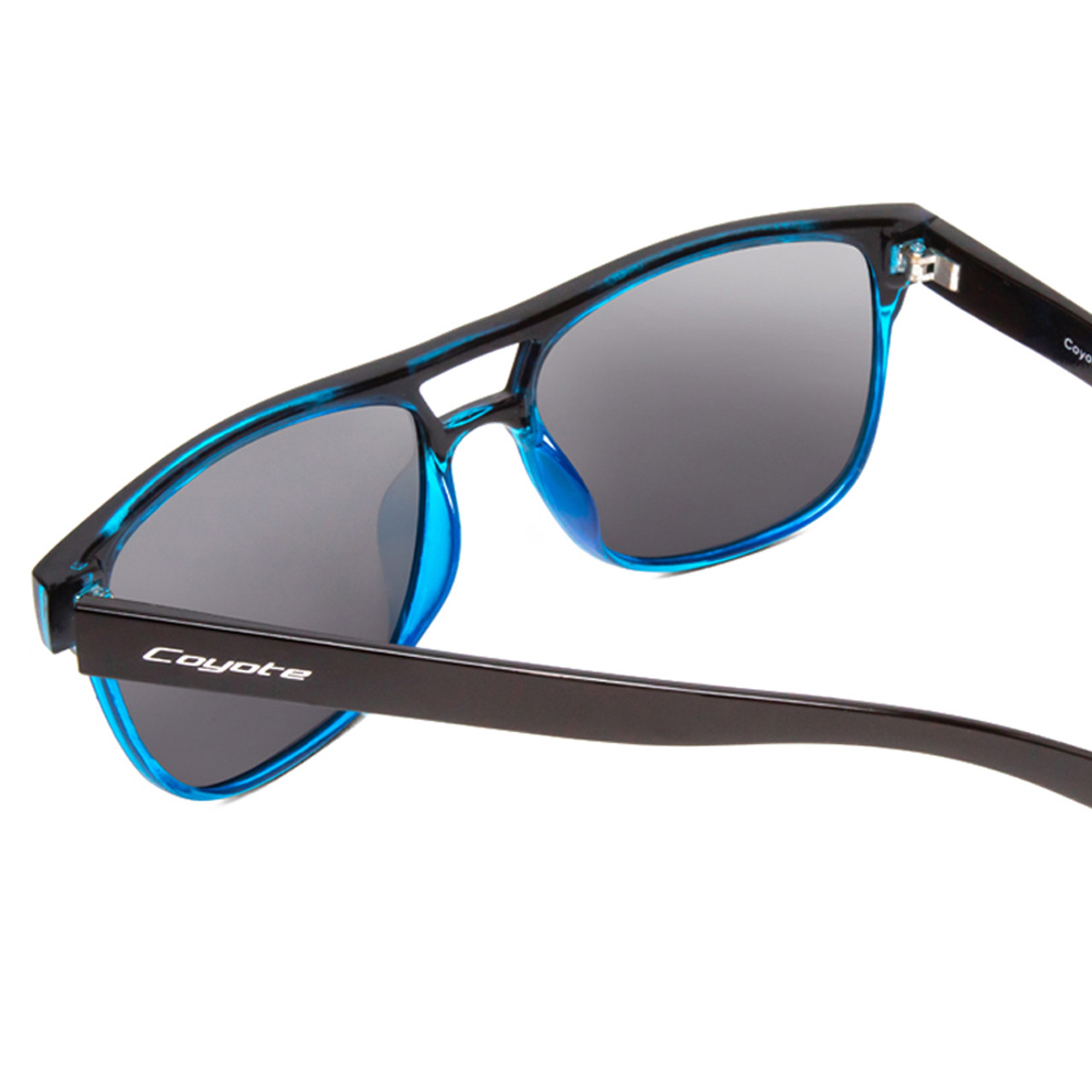 Close Up View of Coyote Elixir Mens Square Designer Polarized Sunglasses in Black Blue/Grey 52 mm