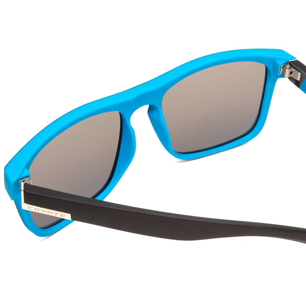 Close Up View of Coyote Marco Unisex Square Polarized Sunglasses Black Grey/Ice Blue Mirror 53 mm