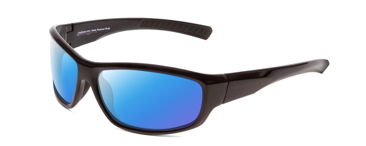 Profile View of Coyote Marlin Designer Polarized Sunglasses with Custom Cut Blue Mirror Lenses in Black Rose Unisex Wrap Full Rim Acetate 64 mm