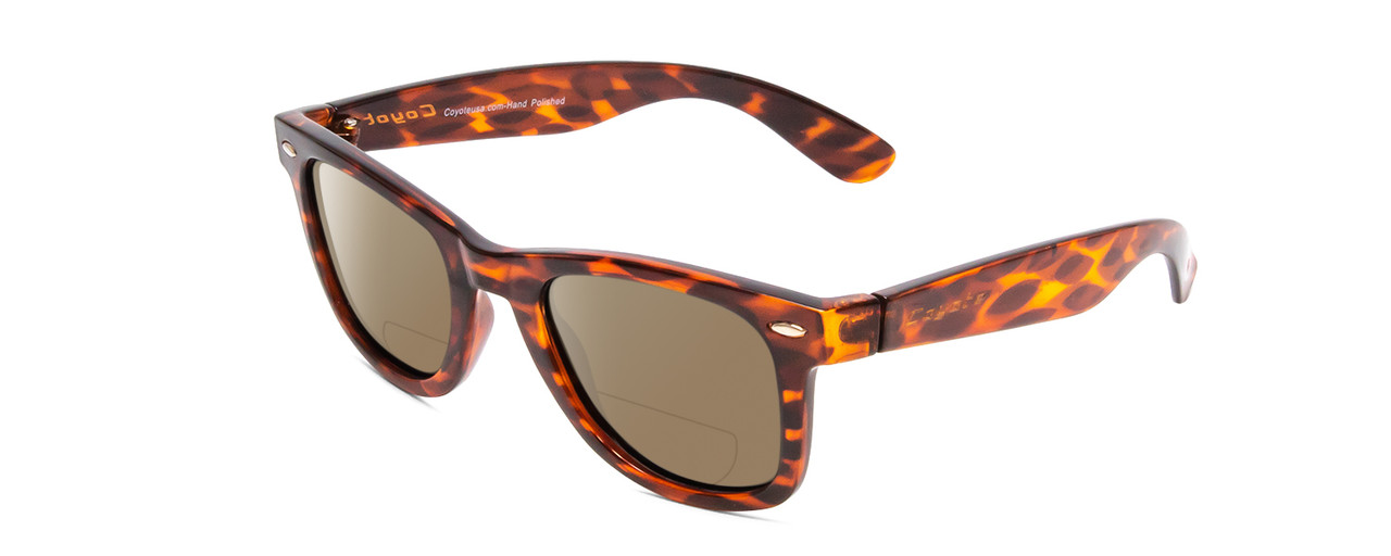 Profile View of Coyote Nomad Designer Polarized Reading Sunglasses with Custom Cut Powered Amber Brown Lenses in Tortoise Unisex Square Full Rim Acetate 49 mm