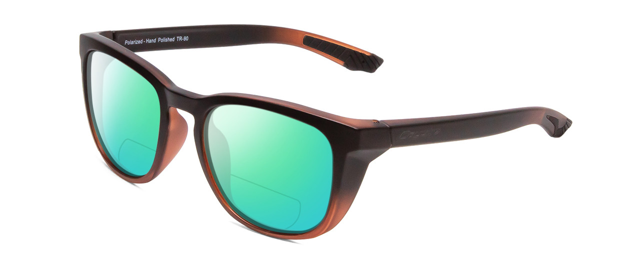 Profile View of Coyote Offshore Designer Polarized Reading Sunglasses with Custom Cut Powered Green Mirror Lenses in Matte Black-Brown Unisex Square Full Rim Acetate 53 mm