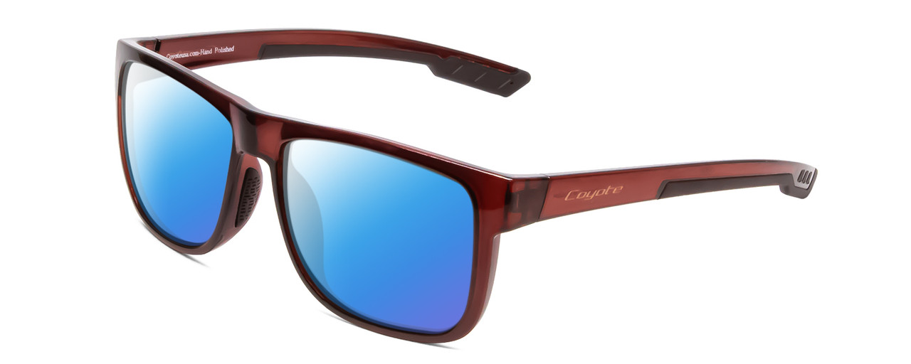 Profile View of Coyote Outlaw Designer Polarized Sunglasses with Custom Cut Blue Mirror Lenses in Crystal Brown Unisex Square Full Rim Acetate 55 mm