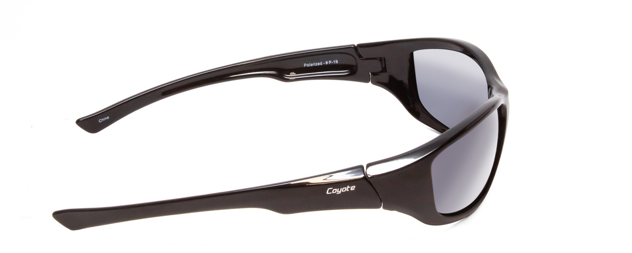 Side View of Coyote P-19 Unisex Designer Polarized Sunglasses Black Grey & Silver Mirror 60mm