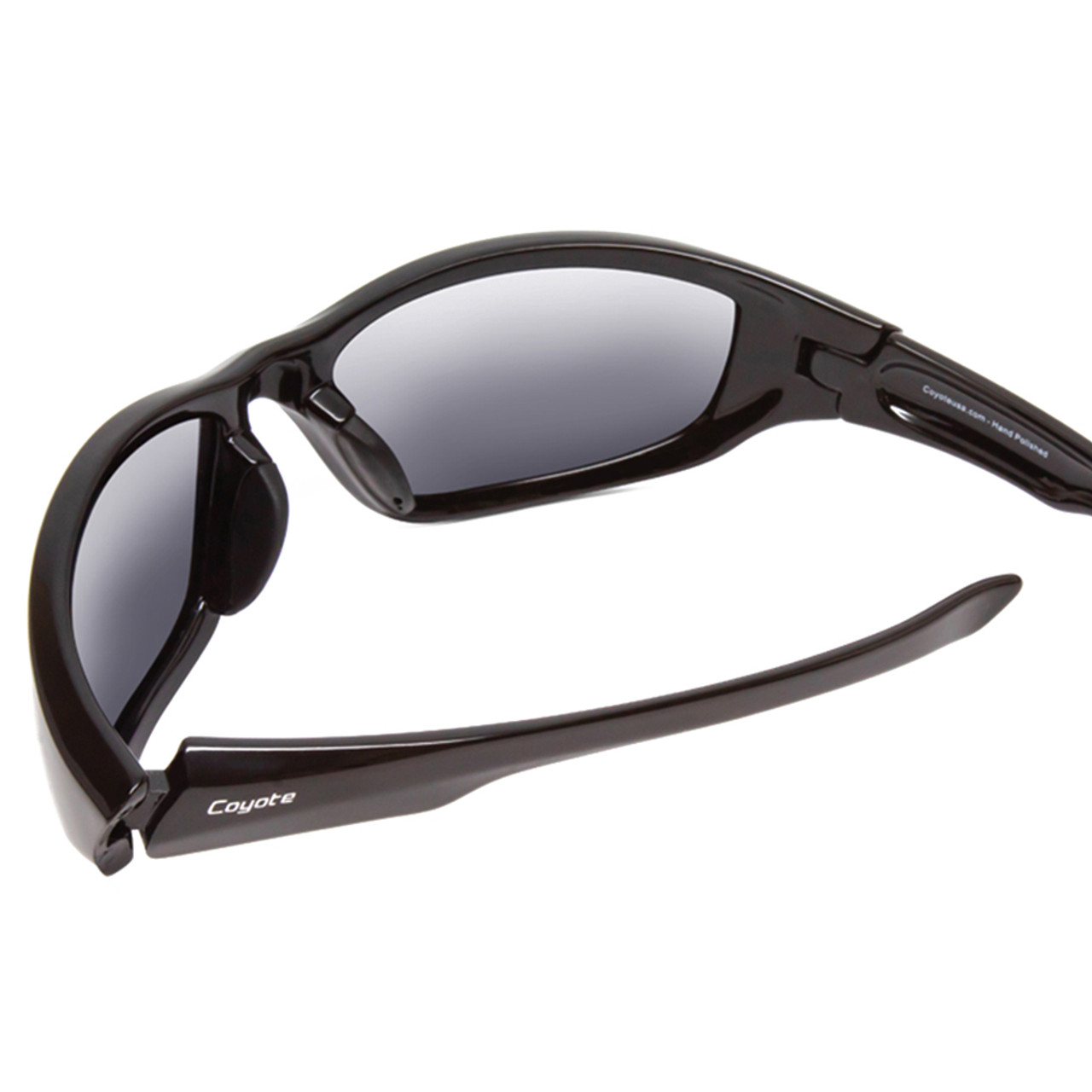 Close Up View of Coyote P-19 Unisex Designer Polarized Sunglasses Black Grey & Silver Mirror 60mm