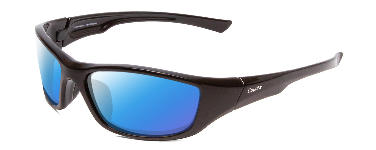 Profile View of Coyote P-19 Designer Polarized Sunglasses with Custom Cut Blue Mirror Lenses in Black Grey Unisex Wrap Full Rim Acetate 60 mm