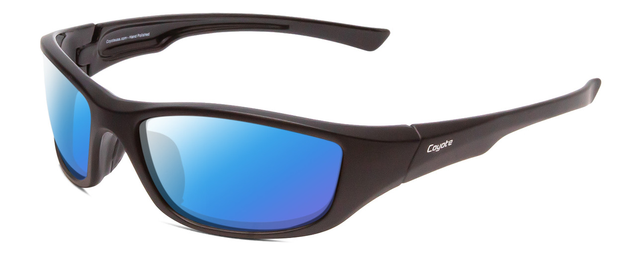 Profile View of Coyote P-19 Designer Polarized Sunglasses with Custom Cut Blue Mirror Lenses in Matte Black Unisex Wrap Full Rim Acetate 60 mm