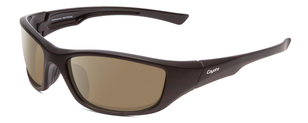 Profile View of Coyote P-19 Designer Polarized Sunglasses with Custom Cut Amber Brown Lenses in Matte Black Unisex Wrap Full Rim Acetate 60 mm
