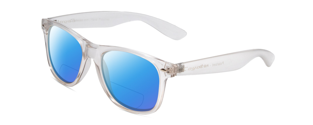 Profile View of Coyote P-23 Designer Polarized Reading Sunglasses with Custom Cut Powered Blue Mirror Lenses in Crystal Clear Grey Unisex Square Full Rim Acetate 51 mm