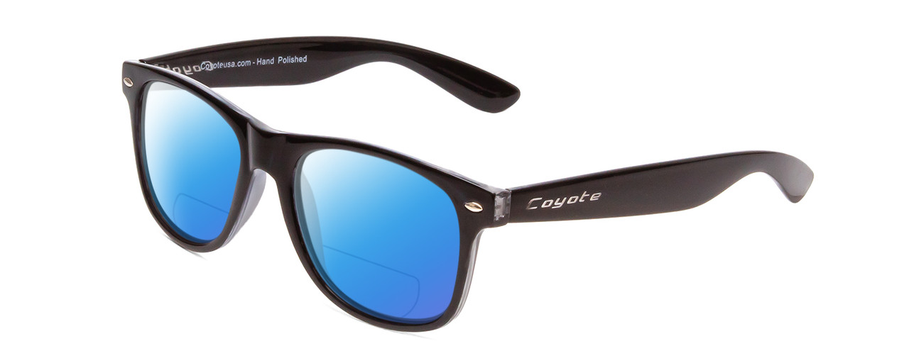 Profile View of Coyote P-23 Designer Polarized Reading Sunglasses with Custom Cut Powered Blue Mirror Lenses in Gloss Black Unisex Square Full Rim Acetate 51 mm
