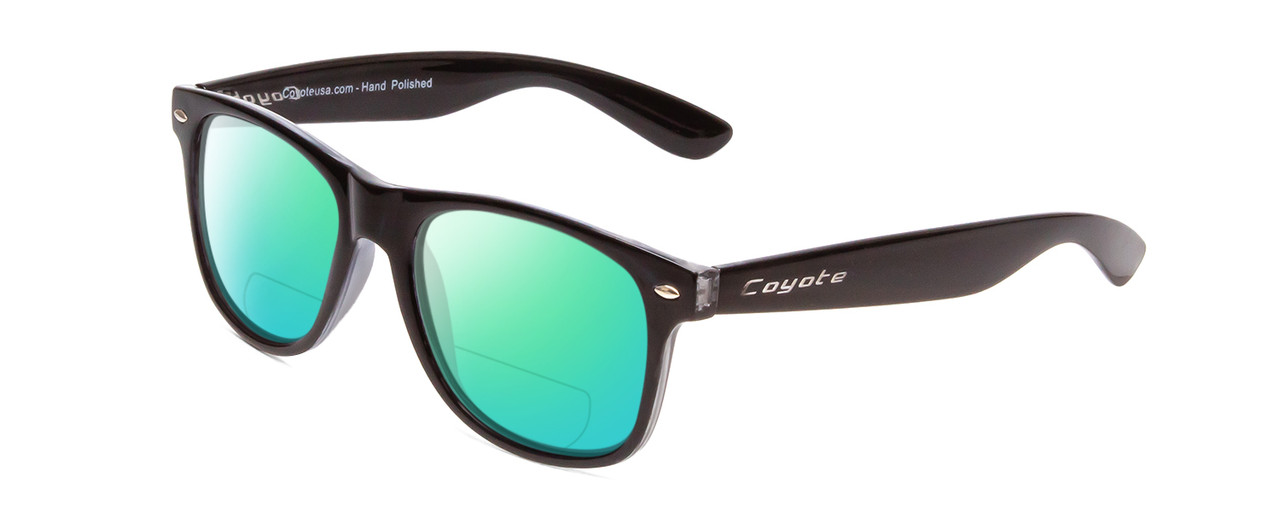 Profile View of Coyote P-23 Designer Polarized Reading Sunglasses with Custom Cut Powered Green Mirror Lenses in Gloss Black Unisex Square Full Rim Acetate 51 mm