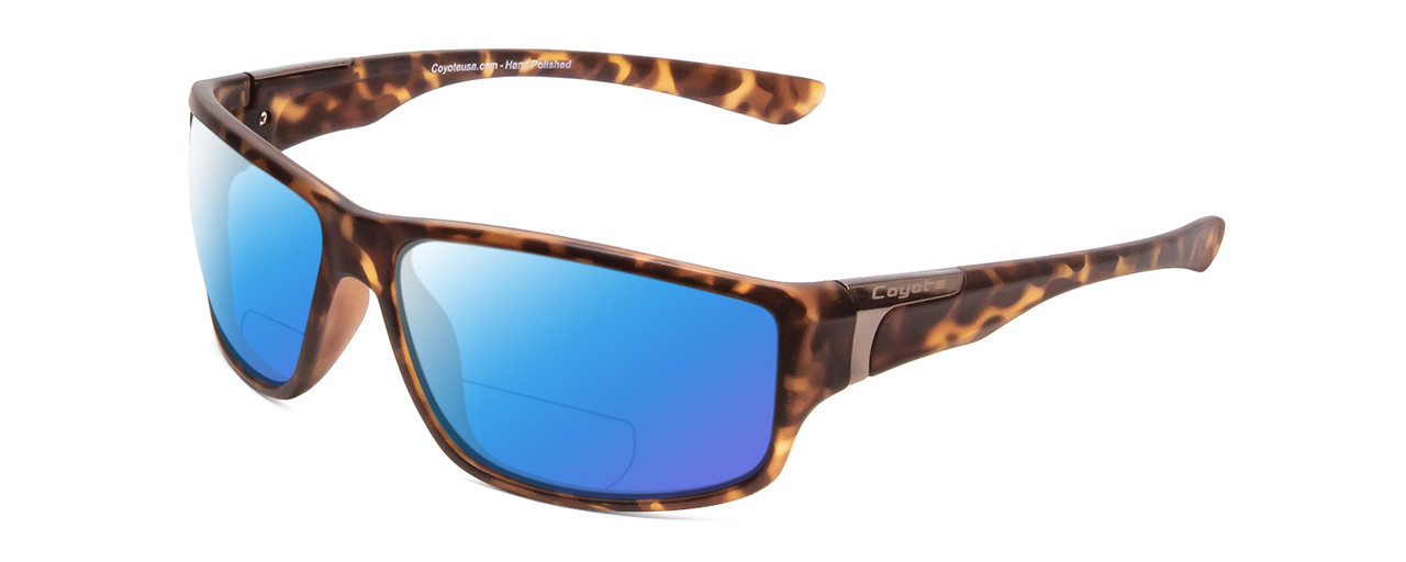 Profile View of Coyote P-37 Designer Polarized Reading Sunglasses with Custom Cut Powered Blue Mirror Lenses in Matte Tortoise Unisex Rectangle Full Rim Acetate 61 mm