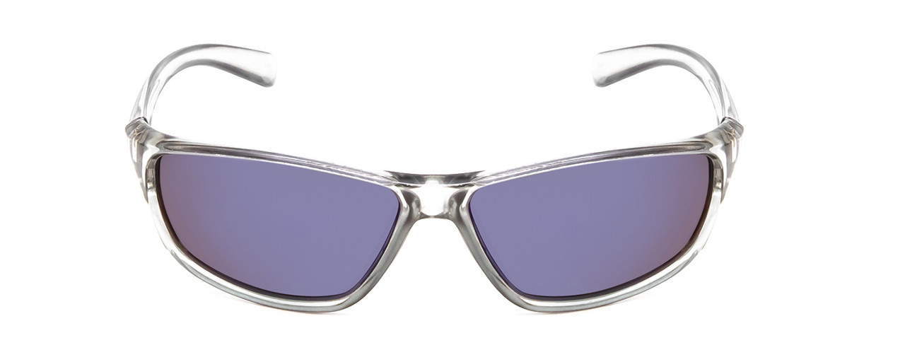 Front View of Coyote P-38 Unisex Designer Polarized Sunglasses Crystal Grey & Blue Mirror 65mm