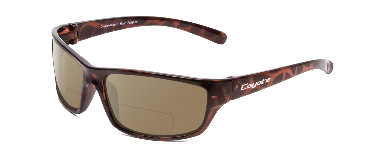 Profile View of Coyote P-42 Designer Polarized Reading Sunglasses with Custom Cut Powered Amber Brown Lenses in Tortoise Unisex Wrap Full Rim Acetate 63 mm