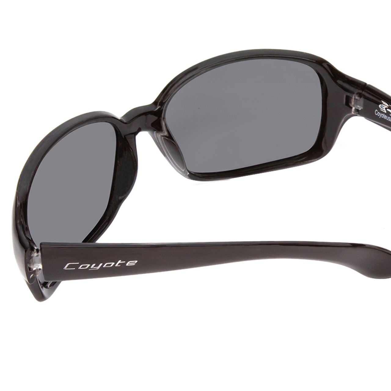 Close Up View of Coyote P-57 Ladies Rectangle Designer Polarized Sunglasses Gloss Black/Grey 59mm