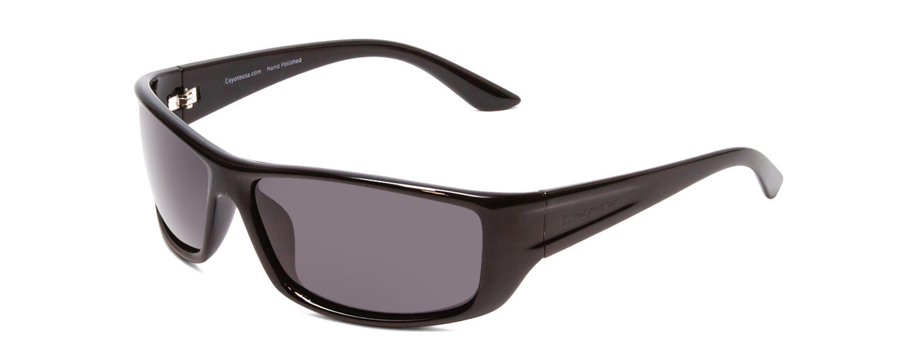 Profile View of Coyote P-59 Unisex Wrap Designer Polarized Sunglasses in Gloss Black & Grey 63mm