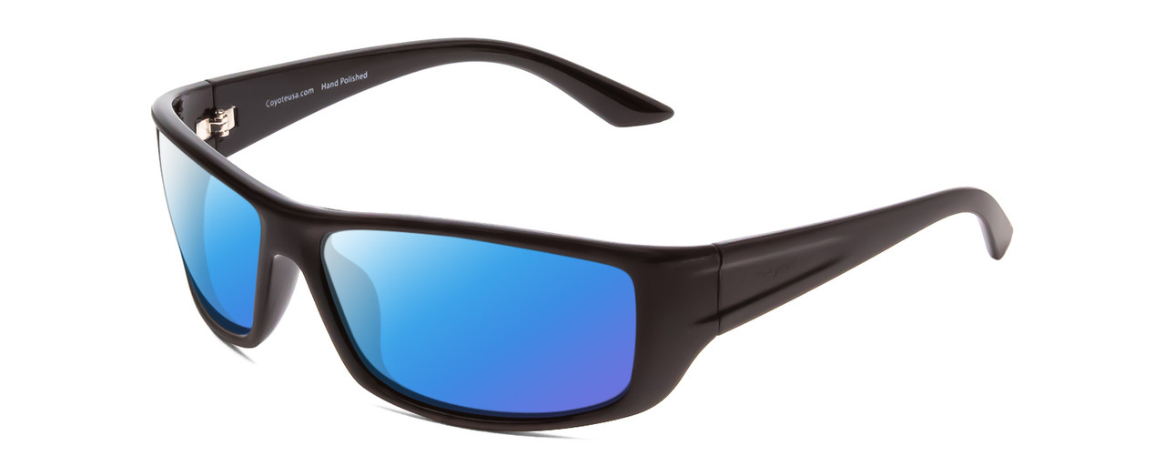 Profile View of Coyote P-59 Designer Polarized Sunglasses with Custom Cut Blue Mirror Lenses in Matte Black Grey Unisex Wrap Full Rim Acetate 63 mm