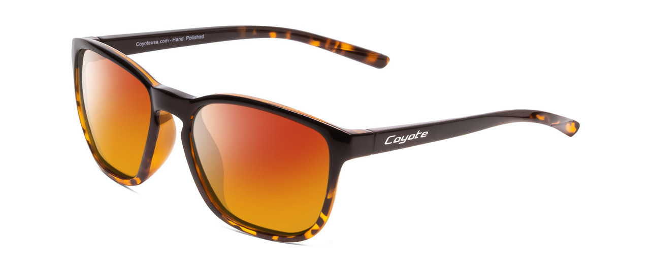 Profile View of Coyote Rambler Designer Polarized Sunglasses with Custom Cut Red Mirror Lenses in Black Tortoise Unisex Square Full Rim Acetate 53 mm