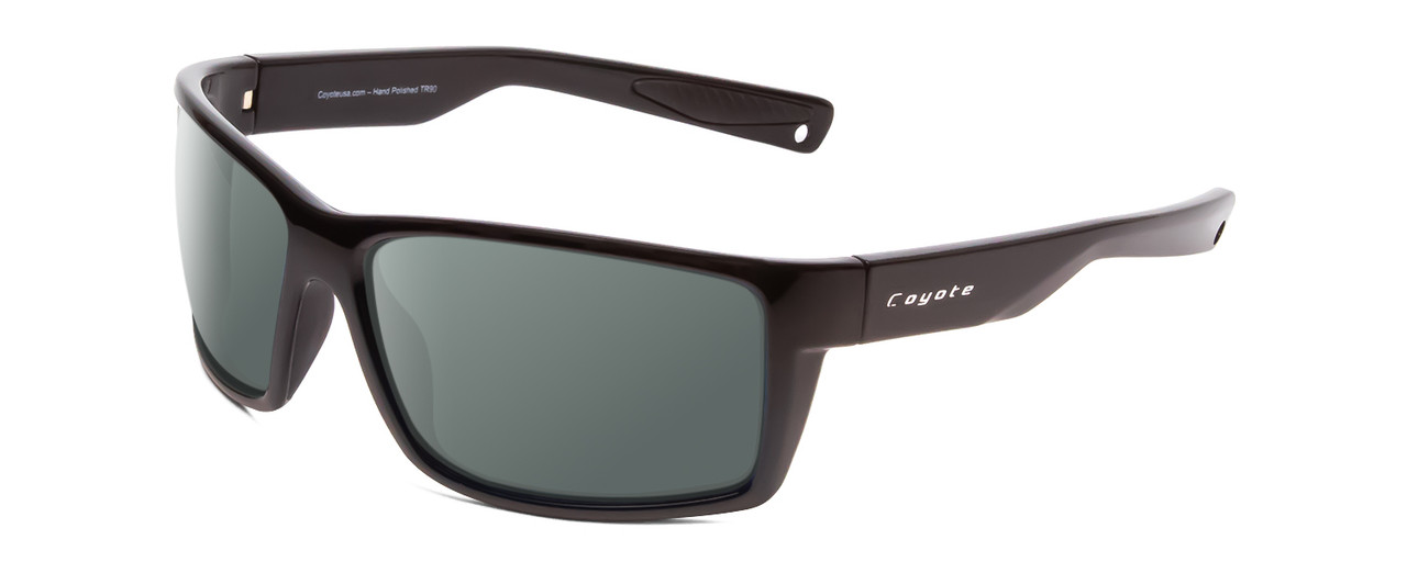 Profile View of Coyote Raptor Designer Polarized Sunglasses with Custom Cut Smoke Grey Lenses in Gloss Black Grey Mens Wrap Full Rim Acetate 63 mm