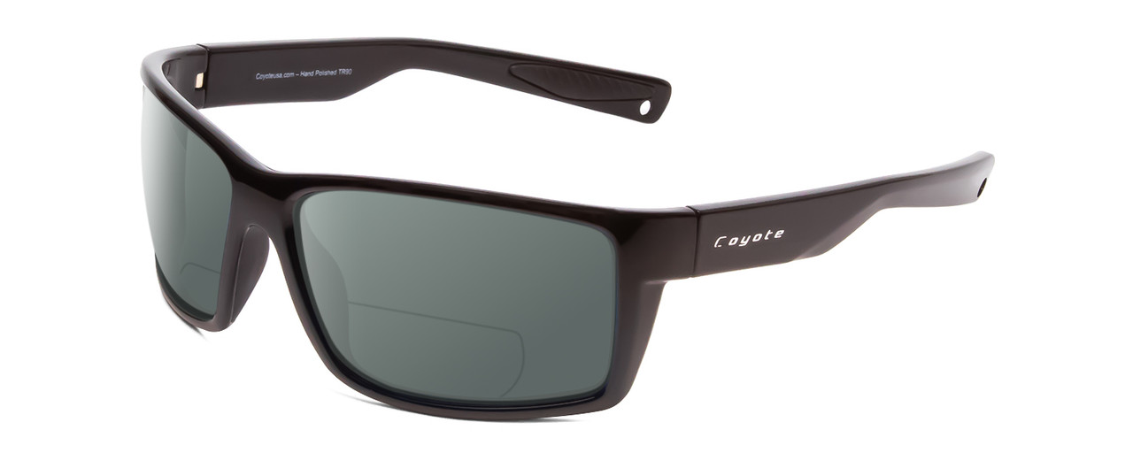 Profile View of Coyote Raptor Designer Polarized Reading Sunglasses with Custom Cut Powered Smoke Grey Lenses in Gloss Black Grey Mens Wrap Full Rim Acetate 63 mm