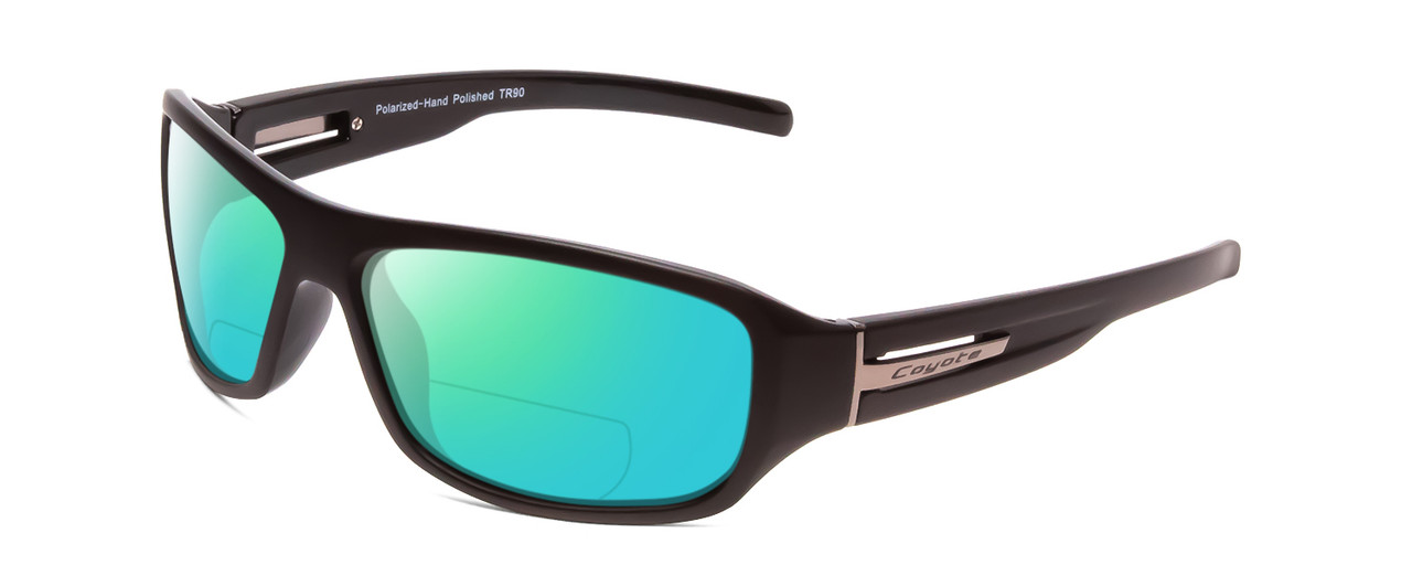 Profile View of Coyote Sonoma Designer Polarized Reading Sunglasses with Custom Cut Powered Green Mirror Lenses in Matte Black Unisex Wrap Full Rim Acetate 61 mm