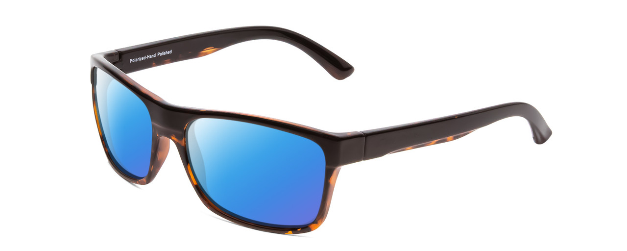 Profile View of Coyote Twisted Designer Polarized Sunglasses with Custom Cut Blue Mirror Lenses in Black Tortoise Unisex Square Full Rim Acetate 58 mm