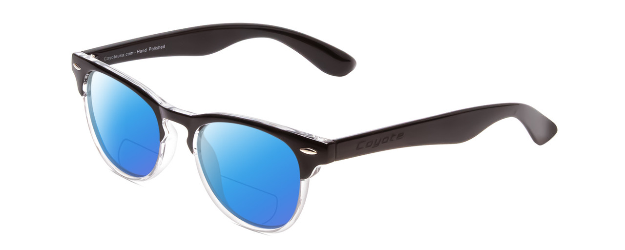 Profile View of Coyote Uptown Designer Polarized Reading Sunglasses with Custom Cut Powered Blue Mirror Lenses in Black Clear Fade Unisex Round Full Rim Acetate 49 mm