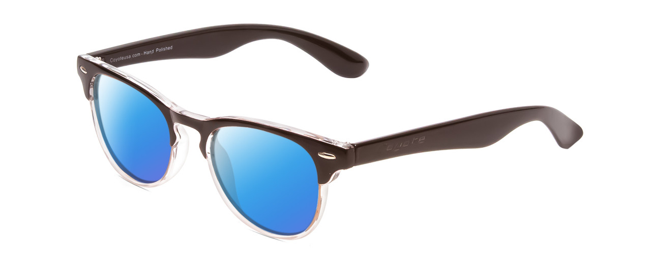 Profile View of Coyote Uptown Designer Polarized Sunglasses with Custom Cut Blue Mirror Lenses in Brown Clear Fade Unisex Round Full Rim Acetate 49 mm