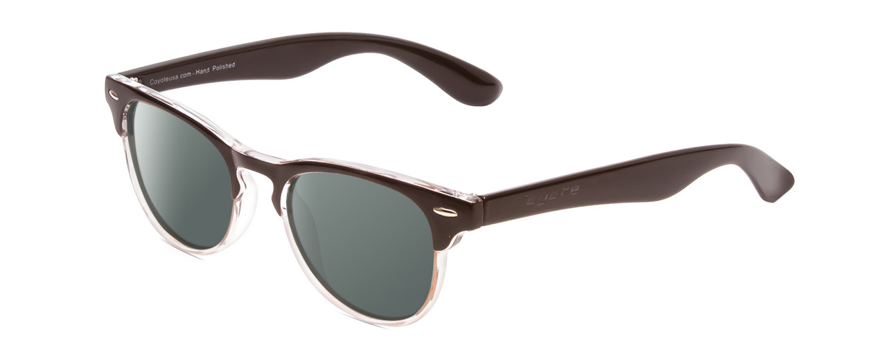 Profile View of Coyote Uptown Designer Polarized Sunglasses with Custom Cut Smoke Grey Lenses in Brown Clear Fade Unisex Round Full Rim Acetate 49 mm