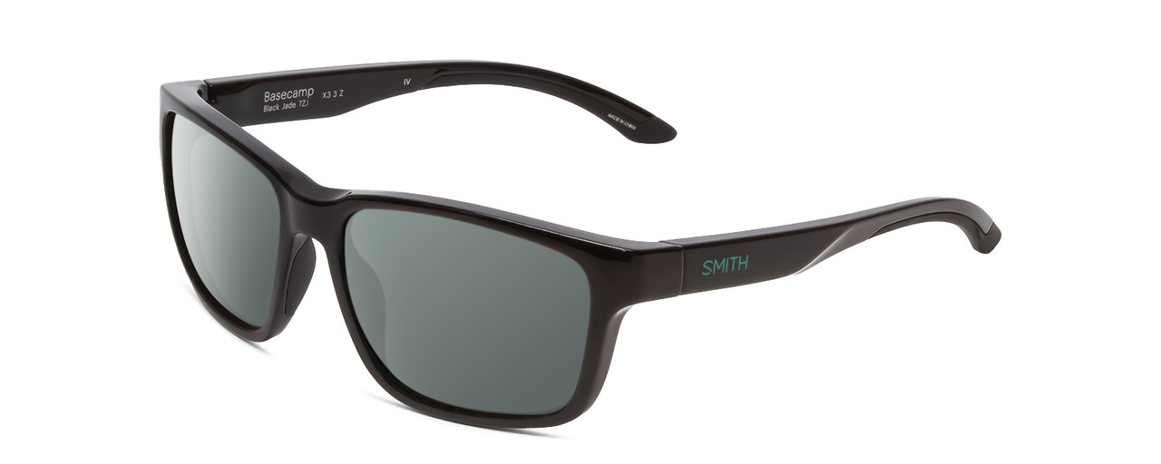 Profile View of Smith Optics Basecamp Designer Polarized Sunglasses with Custom Cut Smoke Grey Lenses in Gloss Black Jade Green Unisex Square Full Rim Acetate 58 mm