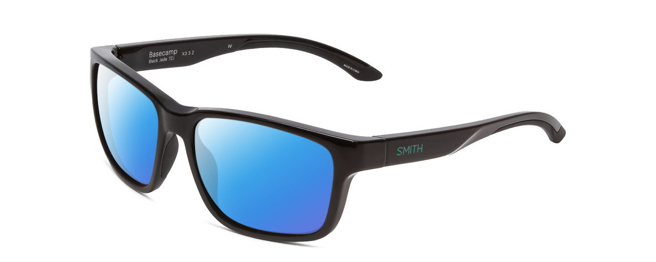 Profile View of Smith Optics Basecamp Designer Polarized Sunglasses with Custom Cut Blue Mirror Lenses in Gloss Black Jade Green Unisex Square Full Rim Acetate 58 mm