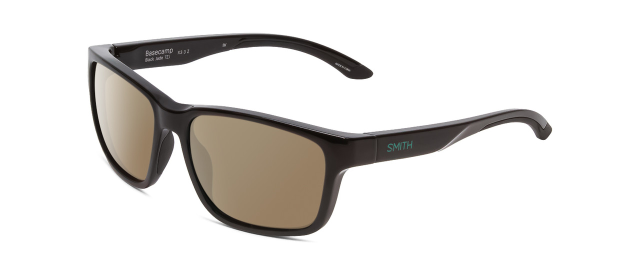 Profile View of Smith Optics Basecamp Designer Polarized Sunglasses with Custom Cut Amber Brown Lenses in Gloss Black Jade Green Unisex Square Full Rim Acetate 58 mm