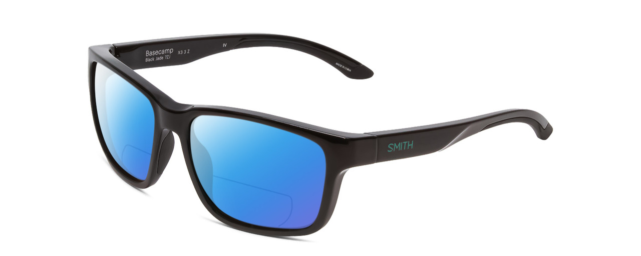 Profile View of Smith Optics Basecamp Designer Polarized Reading Sunglasses with Custom Cut Powered Blue Mirror Lenses in Gloss Black Jade Green Unisex Square Full Rim Acetate 58 mm