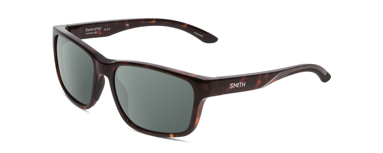 Profile View of Smith Optics Basecamp Designer Polarized Sunglasses with Custom Cut Smoke Grey Lenses in Tortoise Havana Brown Gold Unisex Square Full Rim Acetate 58 mm