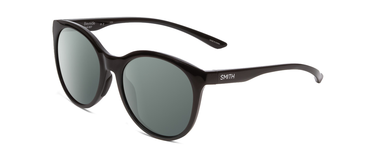 Profile View of Smith Optics Bayside Designer Polarized Sunglasses with Custom Cut Smoke Grey Lenses in Gloss Black Unisex Cateye Full Rim Acetate 54 mm