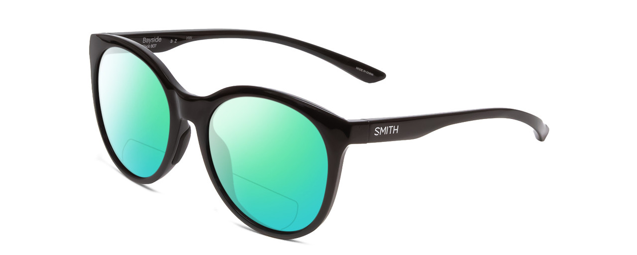 Profile View of Smith Optics Bayside Designer Polarized Reading Sunglasses with Custom Cut Powered Green Mirror Lenses in Gloss Black Unisex Cateye Full Rim Acetate 54 mm