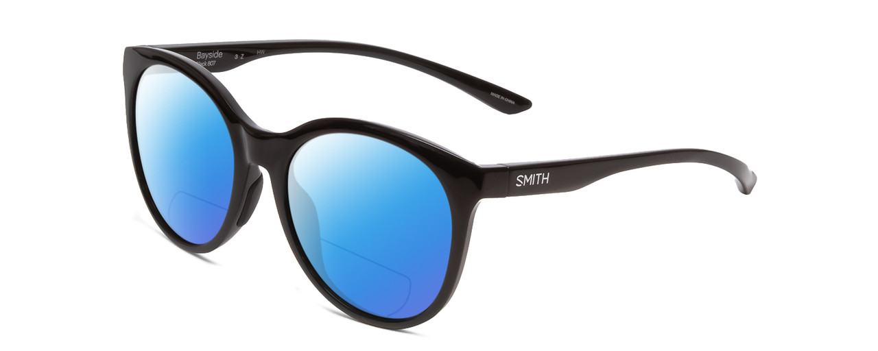 Profile View of Smith Optics Bayside Designer Polarized Reading Sunglasses with Custom Cut Powered Blue Mirror Lenses in Gloss Black Unisex Cateye Full Rim Acetate 54 mm
