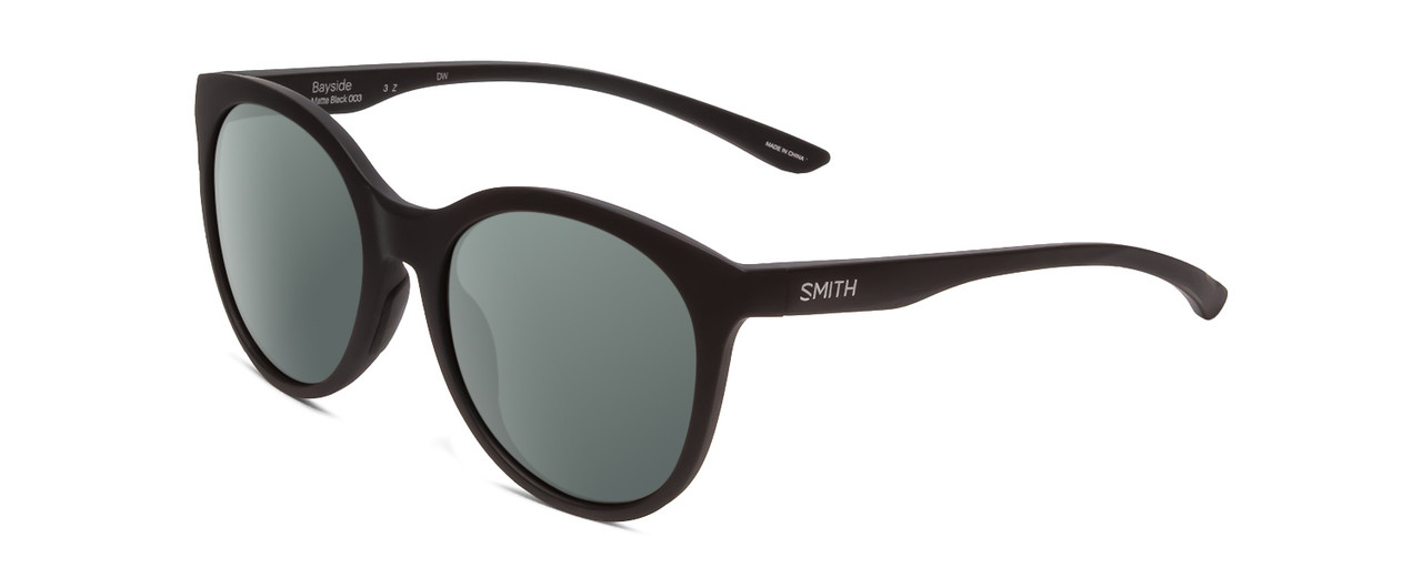 Profile View of Smith Optics Bayside Designer Polarized Sunglasses with Custom Cut Smoke Grey Lenses in Matte Black Unisex Cateye Full Rim Acetate 54 mm